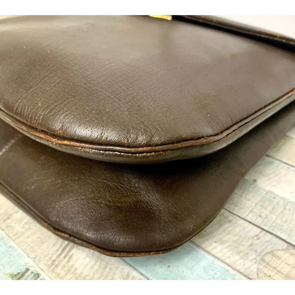 VINTAGE BROWN GENUINE LEATHER TURN LOCK FLAP TOP HANDLE HANDBAG PURSE